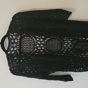 Boho bohemian fringe Stylish Embroidery Mesh Kimono coverup black